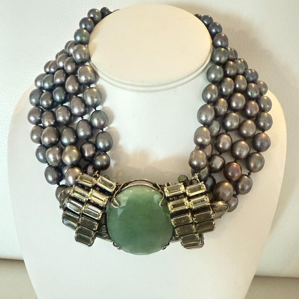 VINTAGE SIGNED IRADJ MOINI GREY FRESH WATER PEARL AVENTURINE NECKLACE BROOCH